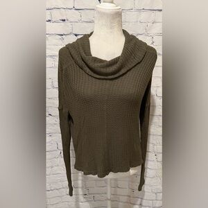 Lucky Brand Women’s Cowl Neck Waffle Knit Sweater Olive Color High-Low Hem Small